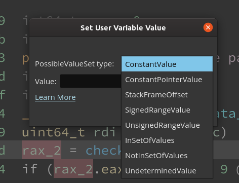 Options when setting PossibleValueSet