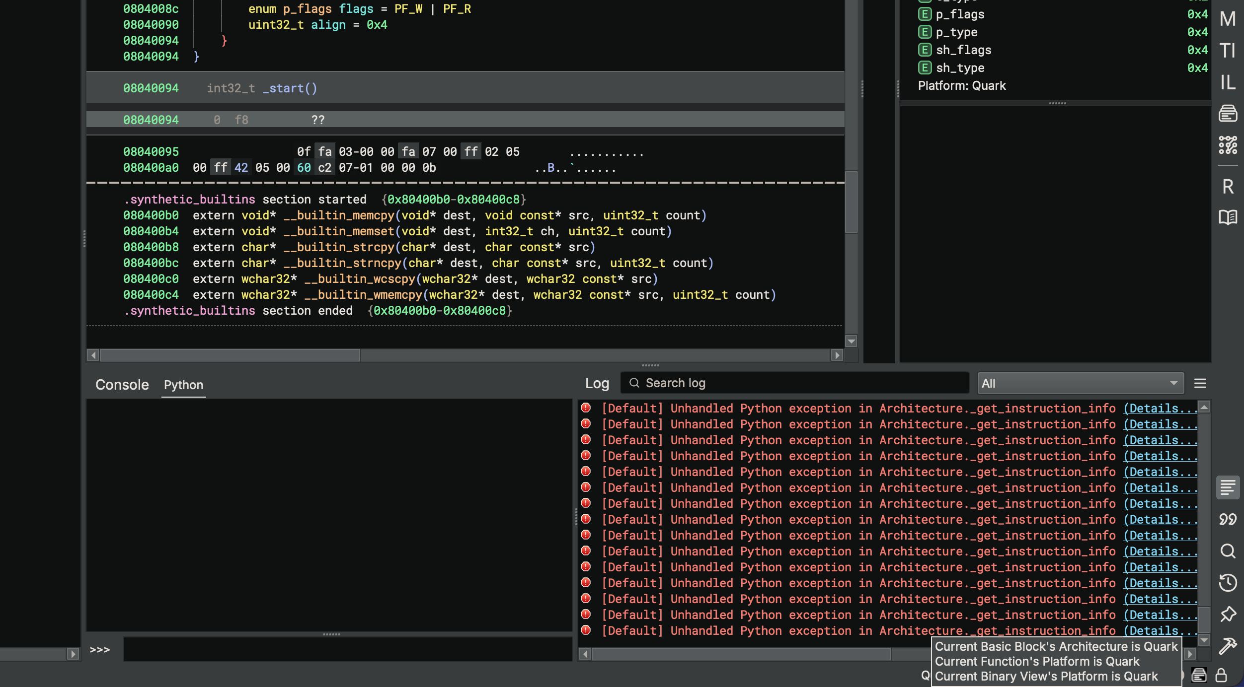 No decoding yet, but we now have a Quark function created at the entry point.